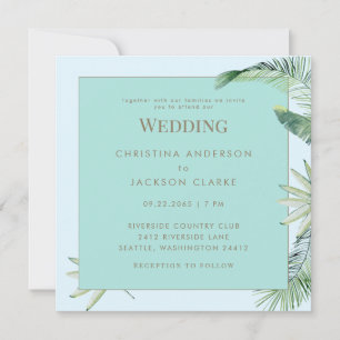 Invitación Boda Tropical Cuadrada Azul Hielo y Turquesa