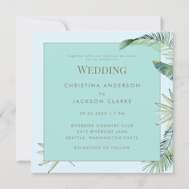 Invitación Boda Tropical Cuadrada Azul Hielo y Turquesa (Anverso)