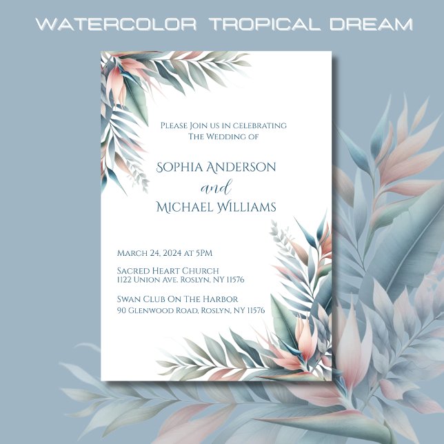 Invitación Boda tropical de acuarela (Watercolor Tropical Dream Wedding Invitations-Coastal-Pastel Colors)