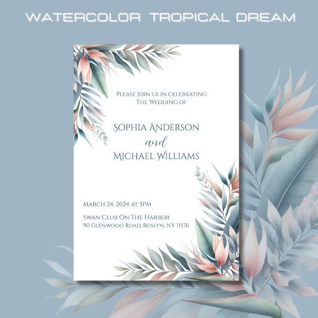 Invitación Boda tropical de acuarela (Watercolor Tropical Dream Wedding Invitations-Coastal-Pastel Colors)