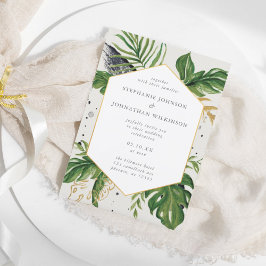 Invitación Boda tropical de acuarela verde y dorada