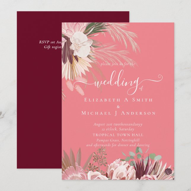 Invitación Boda Tropical de Borgoña Pampas (Anverso / Reverso)
