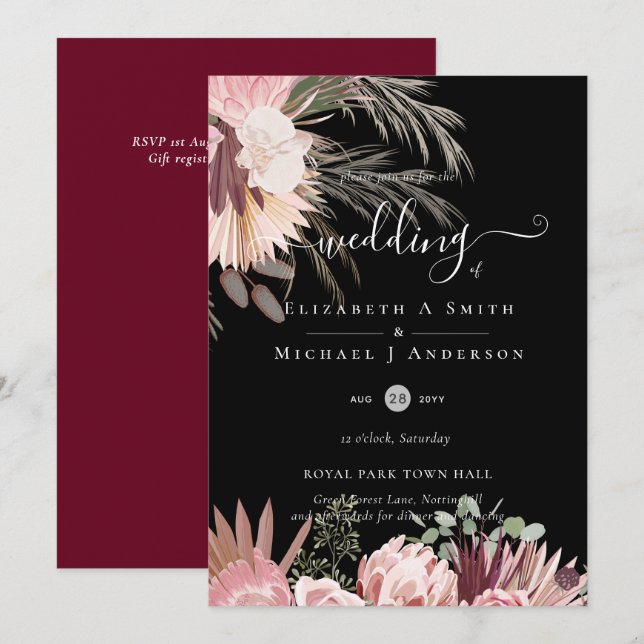 Invitación Boda Tropical de Borgoña Pampas (Anverso / Reverso)