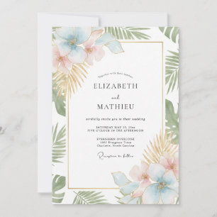Invitación Boda Tropical de Champán y Menta con Eucalipto