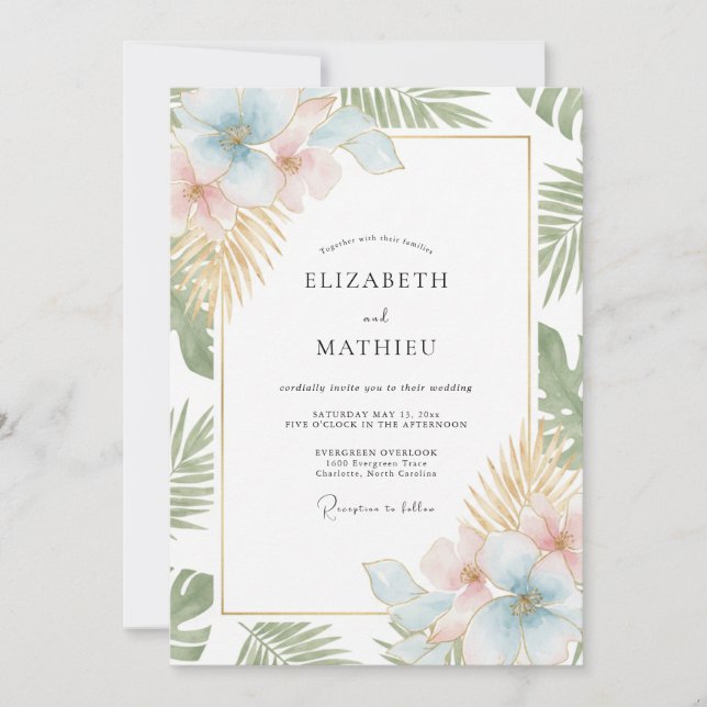Invitación Boda Tropical de Champán y Menta con Eucalipto (Anverso)