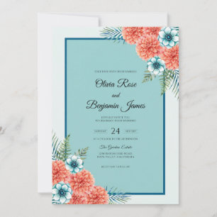 Invitación Boda Tropical de Coral Turquesa y Eucalipto Suave