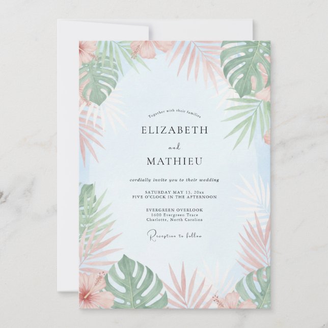 Invitación Boda Tropical de Eucalipto con Menta y Melocotón (Anverso)