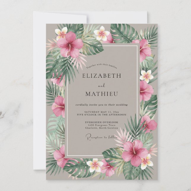 Invitación Boda Tropical de Eucalipto Hibisco Beige (Anverso)