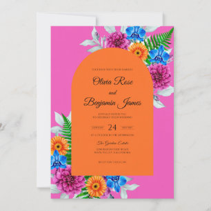 Invitación Boda Tropical de Eucalipto Naranja Fucsia