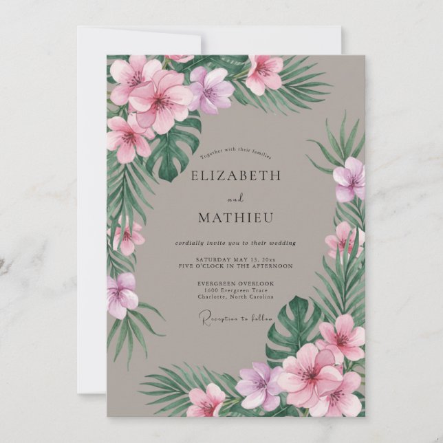 Invitación Boda Tropical de Eucalipto Rosa Suave (Anverso)