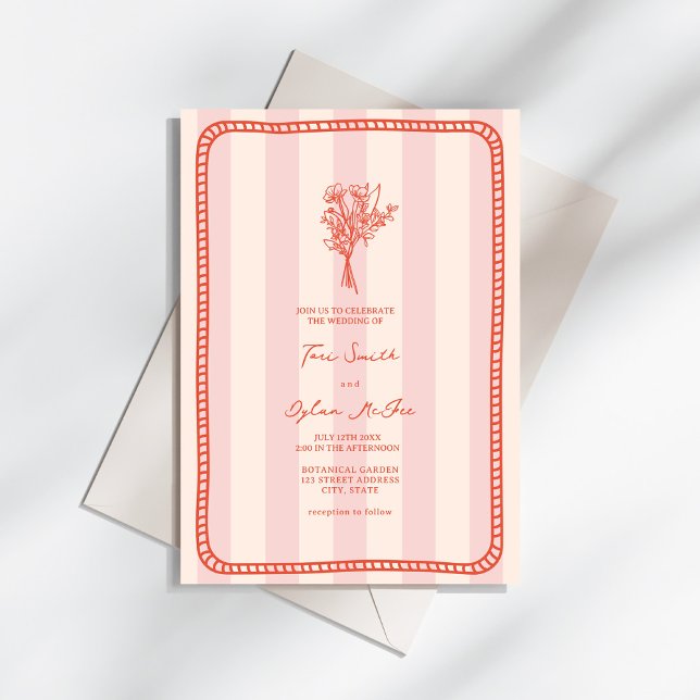 Invitación Boda tropical de franja rosa de borde de Bouquet (Subido por el creador)