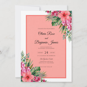 Invitación Boda Tropical de Hibisco Coral Eucalipto