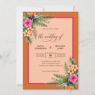 Invitación Boda Tropical de Hibisco Eucalipto Naranja