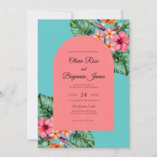 Invitación Boda Tropical de Hibisco Eucalipto Rosa