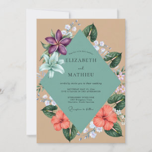 Invitación Boda Tropical de Hibisco Eucalipto Verde Teal