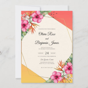 Invitación Boda Tropical de Hibisco Magenta Polvo de Eucalipt