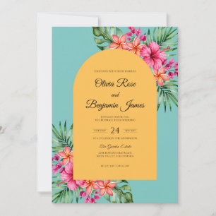 Invitación Boda Tropical de Hibisco Magenta y Eucalipto