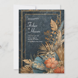 Invitación Boda Tropical de Hibisco Verde Azul y Mármol de la