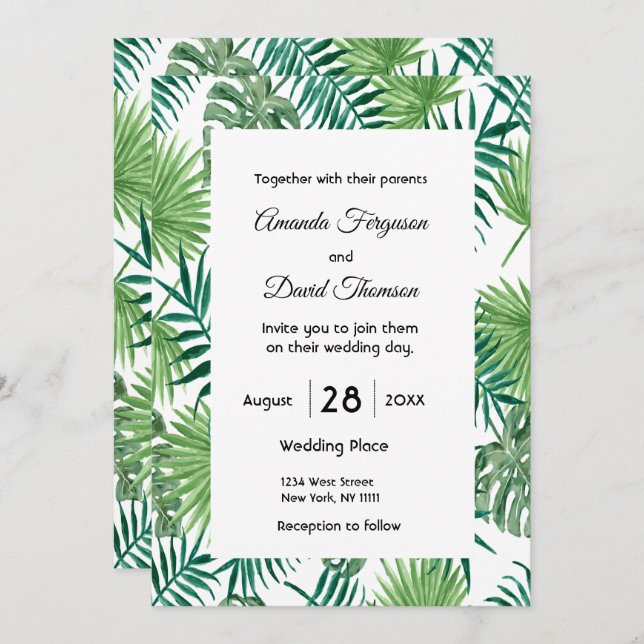 Invitación Boda tropical de hojas de palma (Anverso / Reverso)