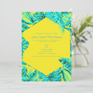 Invitación Boda Tropical de Hojas de Palma Amarillo y Turques
