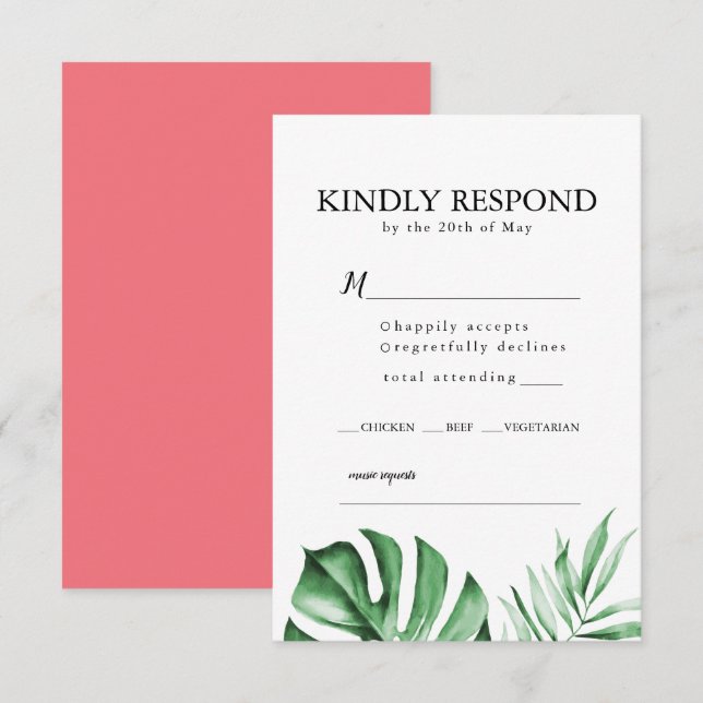 Invitación Boda tropical de hojas de palmera RSVP con sobre I (Anverso / Reverso)