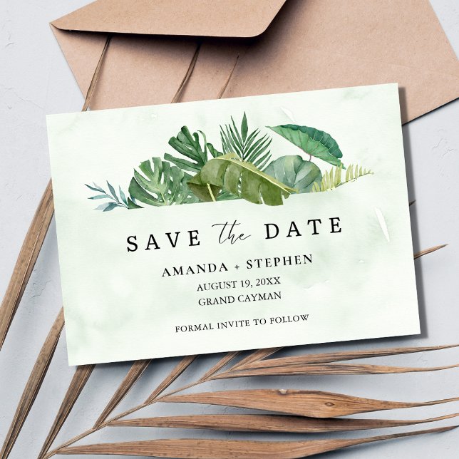 Invitación Boda tropical de hojas de playa salva la fecha (Tropical Leaf Beach Wedding Save the Date)