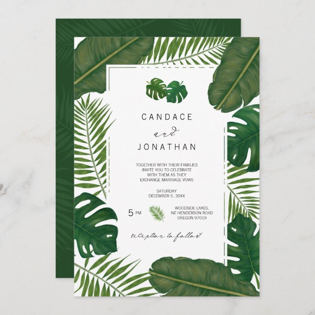 Invitación Boda tropical de hojas pintadas (Anverso / Reverso)