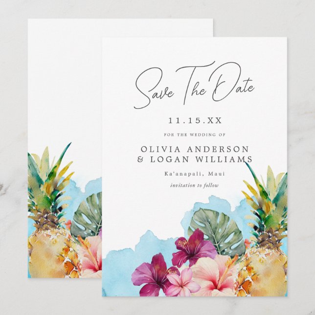 Invitación Boda tropical de isla botánica salva la fecha (Anverso / Reverso)