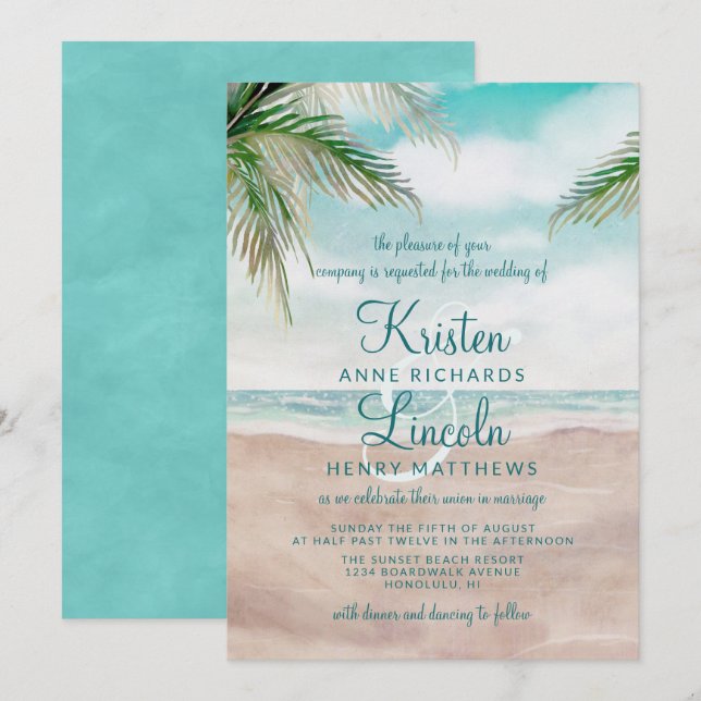 Invitación Boda tropical de la brisa de la isla pintada (Anverso / Reverso)