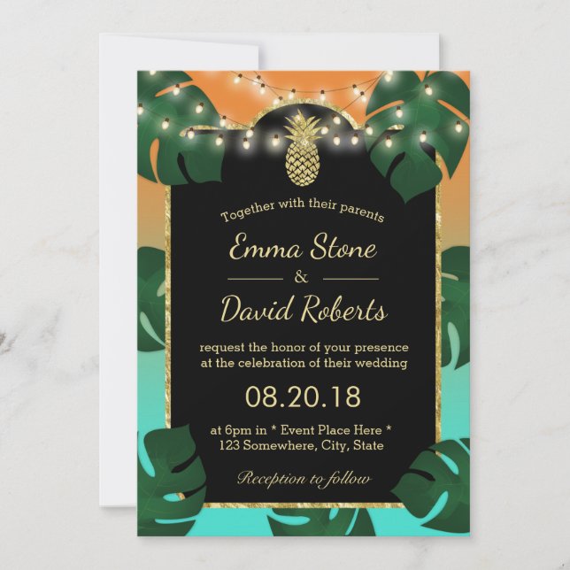 Invitación Boda tropical de la cadena Gold Pineapple (Anverso)