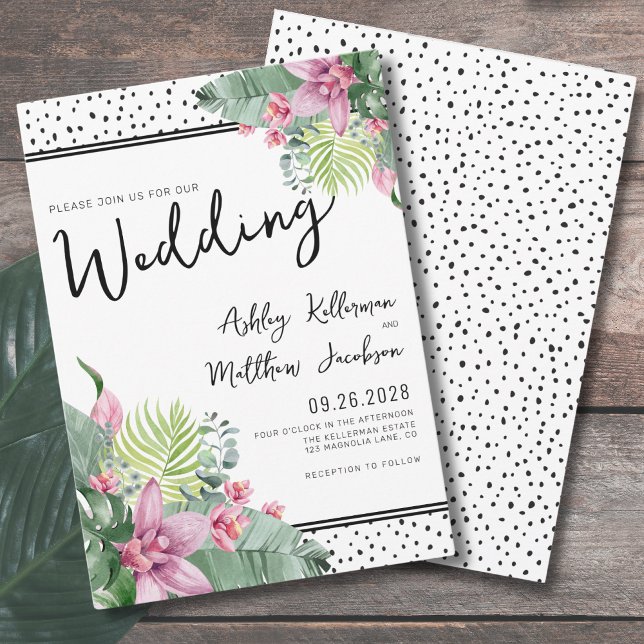 Invitación Boda tropical de la palma floral cúpula (Pink Green Floral Palm Watercolor Tropical Wedding Invitation)