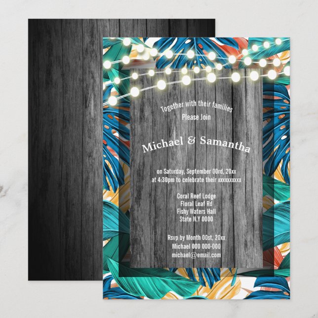 Invitación Boda tropical de la selva de los stringlights (Anverso / Reverso)