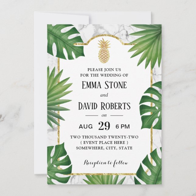 Invitación Boda Tropical de Mármol de Piña de Oro Moderno (Anverso)