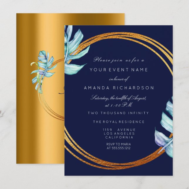 Invitación Boda tropical de novias en Monograma de la Marina  (Anverso / Reverso)