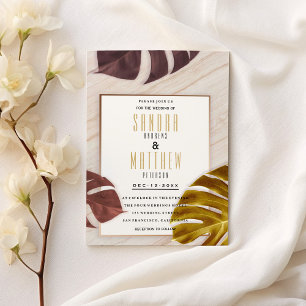 Invitación Boda tropical de oro de rosa burdeos dorado