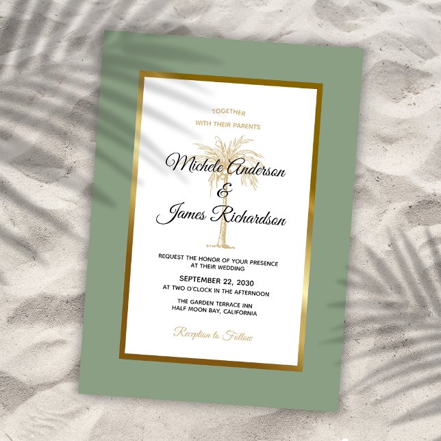 Invitación Boda Tropical de Palm Oro Verde Sage (Sage Green Gold Palm Tree Tropical Beach Wedding Invitation)