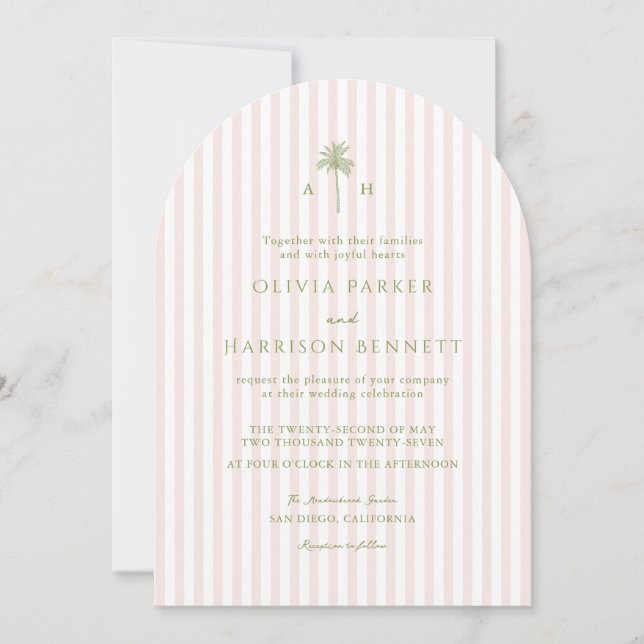 Invitación Boda Tropical de Palma Arqueada con Raya Rosa (Anverso)