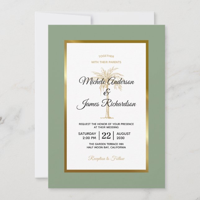 Invitación Boda Tropical de Palma de Oro Verde Salvia (Anverso)