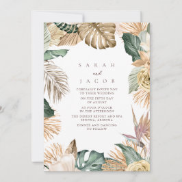 Invitación Boda Tropical de Palma en la Playa con Oro Verde