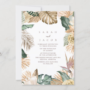 Invitación Boda Tropical de Palma en la Playa con Oro Verde