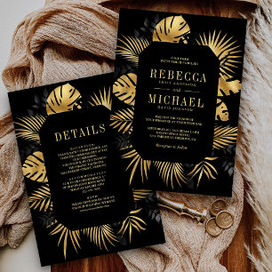 Invitación Boda Tropical de Palma Negra y Dorada Todo en Uno