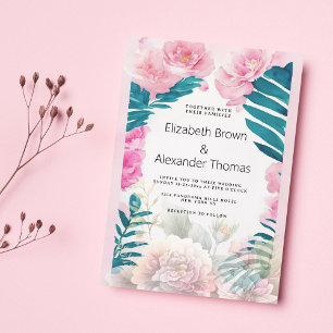 Invitación Boda tropical de palma pink peonies color agua