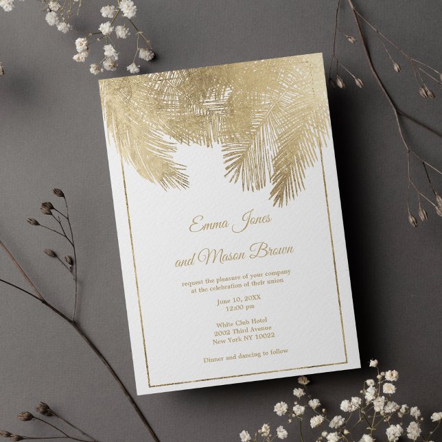 Invitación Boda tropical de palmera dorada blanca de lujo (Luxury white gold palm tree tropical Wedding )