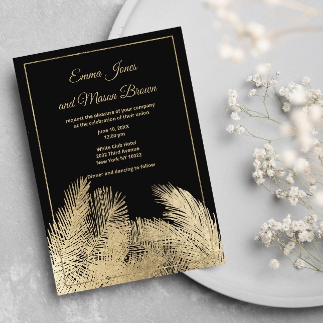 Invitación Boda tropical de palmera dorada negra de lujo (Luxury black gold palm tree tropical Wedding)