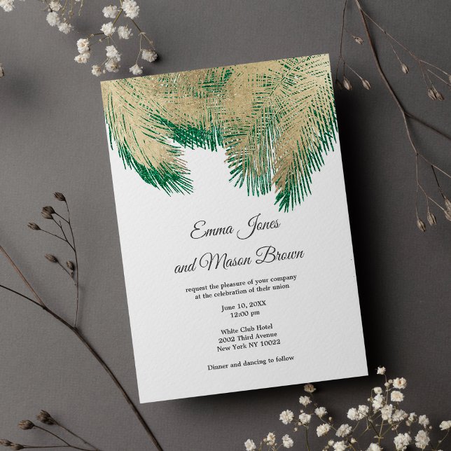 Invitación Boda tropical de palmera verde dorado de lujo (Luxury gold green palm tree tropical Wedding )