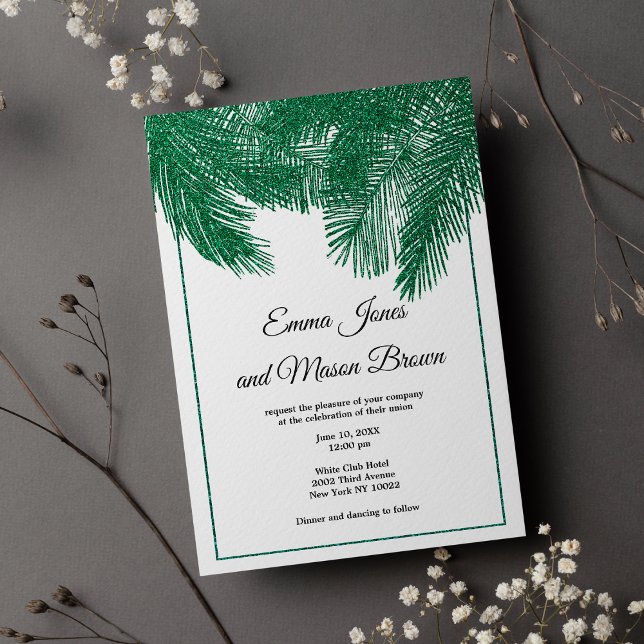 Invitación Boda tropical de palmera verde purpurina de lujo (Luxury green glitter palm tree tropical Wedding )