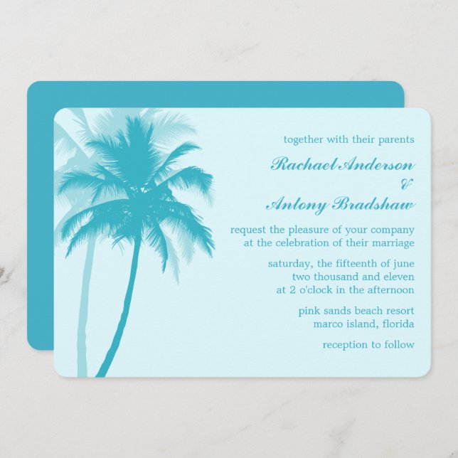 Invitación Boda tropical de palmeras azules del Caribe (Anverso / Reverso)