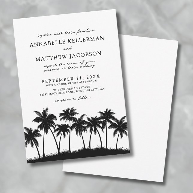 Invitación Boda tropical de palmeras blancas negras modernas (Modern Black White Palm Tree Tropical Wedding Invitation)