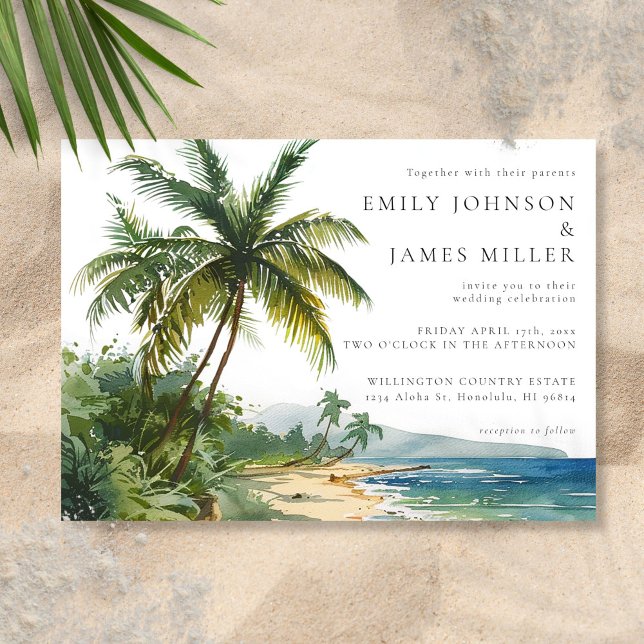 Invitación Boda Tropical de Palmeras con Acuarela (Watercolor Palm Trees Tropical Beach Wedding Invitation)