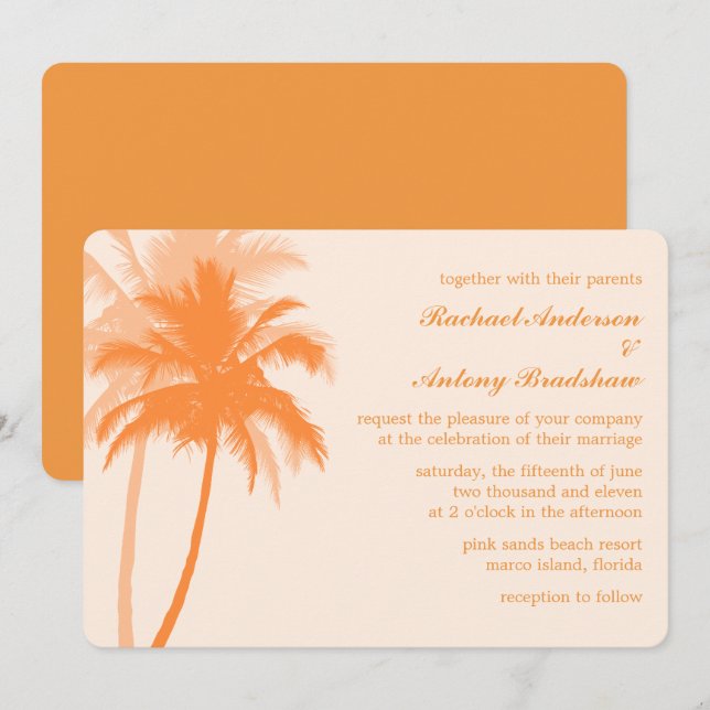 Invitación Boda tropical de palmeras naranjas (Anverso / Reverso)